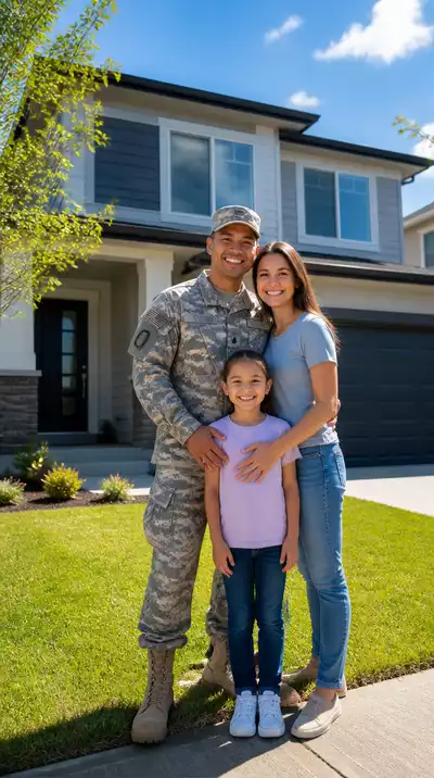 Military family looking at a house for sale, no text, no words, no typography, clean image