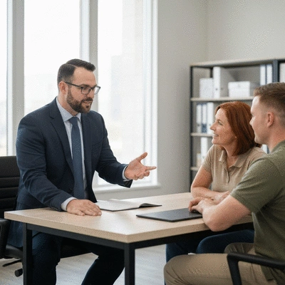 Professional mortgage advisor talking to a military couple in an office setting, no text, no words, no typography, 8K, natural lighting