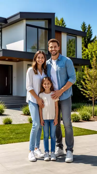 Family looking at a new house with a 'sold' sign, representing successful homeownership