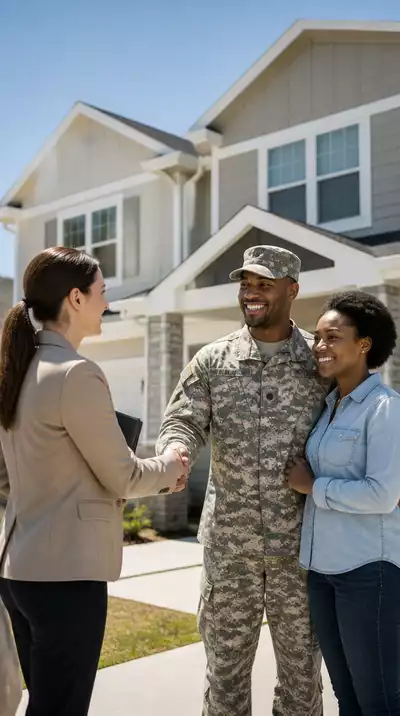 Couple shaking hands with a real estate agent near a new home, symbolizing a successful VA loan process