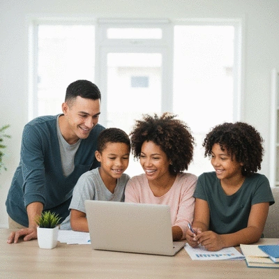 Military family discussing finances at home with a laptop, no text, no words, no typography, 8K, natural lighting