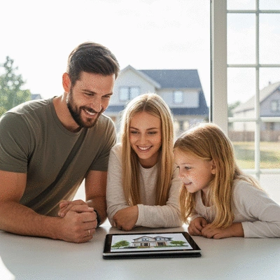 Military family looking at a new home on a tablet, happy and smiling, with a house silhouette in the background