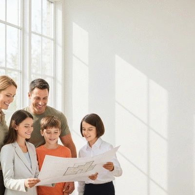 Military family looking at new house plans, smiling