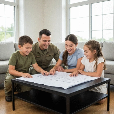 Military family looking at house blueprint, smiling