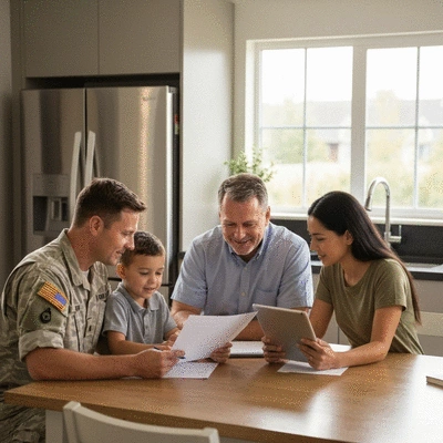 Military family discussing home loan options with a financial advisor, looking at documents on a tablet