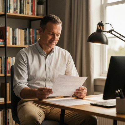 Veteran reviewing financial documents at home, feeling empowered