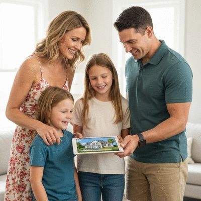 Military family looking at house plans, no text, no words, no typography, clean image