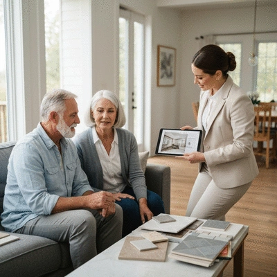 Veteran couple reviewing renovation plans with a mortgage professional, in a modern home setting, no text, no words, no typography