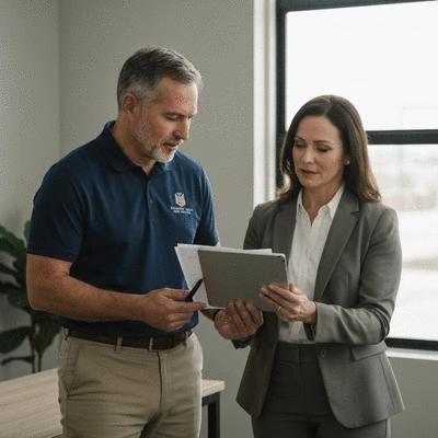 Veteran and financial advisor discussing VA loan documents on a tablet