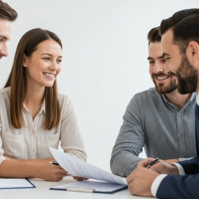 Happy couple reviewing home loan documents with a financial advisor, illustrating benefits of USDA loans