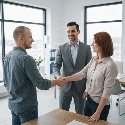 Couple shaking hands with a loan officer in a modern office
