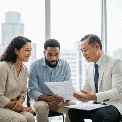 Couple reviewing mortgage loan options with a financial advisor