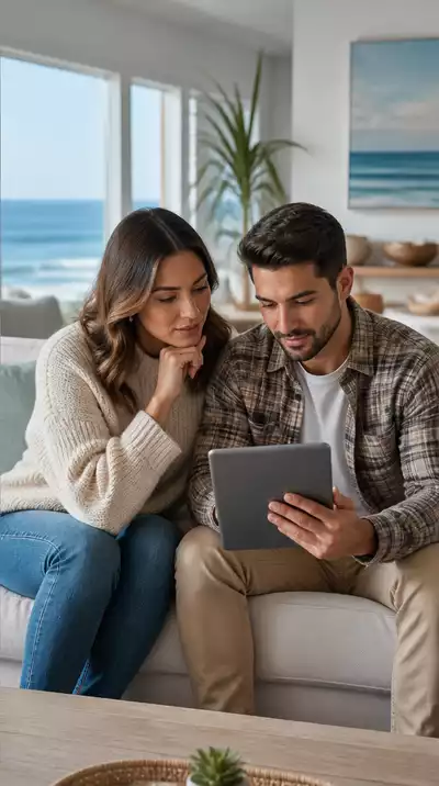 Couple reviewing FHA loan documents on a tablet with a coastal background
