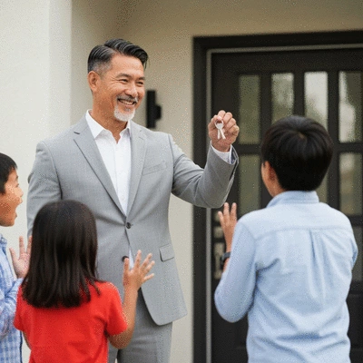 Veteran family happily receiving keys to their new home