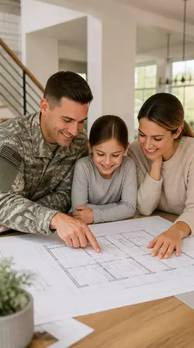 Military family looking at house plans, bright and hopeful