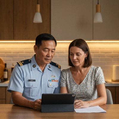 Couple reviewing mortgage documents on a tablet at home