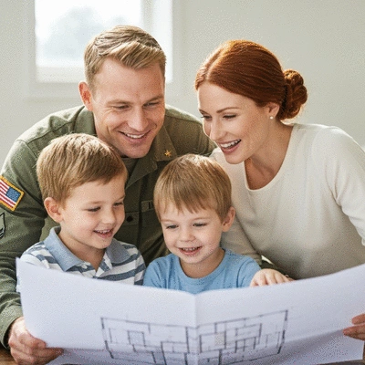 Military family looking at house plans, no text, no words, no typography, clean image