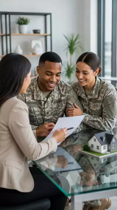 Military couple reviewing home loan documents with a financial advisor, no text, no words, no typography, clean image