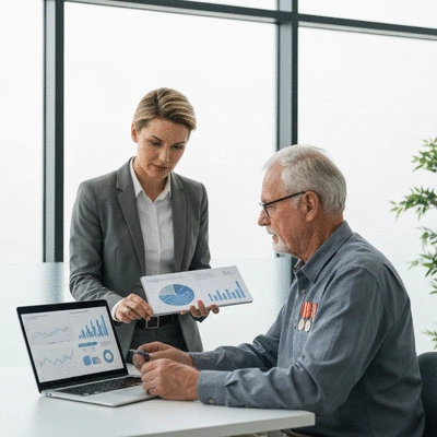 Professional consultant talking with a veteran about financial options