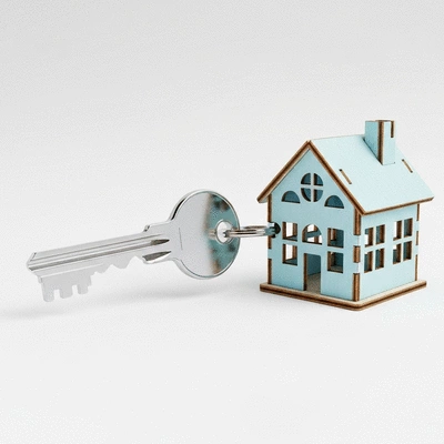 Stylized key unlocking a miniature house, symbolizing homeownership and financial freedom