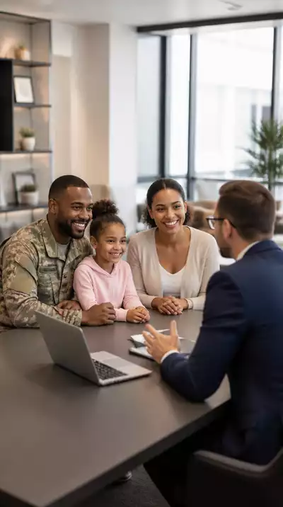Military family discussing homeownership with a mortgage professional
