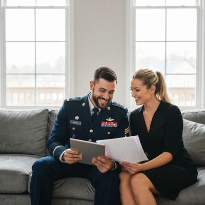 Military couple reviewing VA loan documents on a tablet