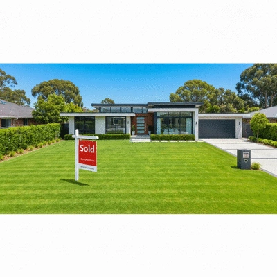 Modern house with a 'Sold' sign in front, implying a high-value property, no text, no words, no typography, no labels, clean image