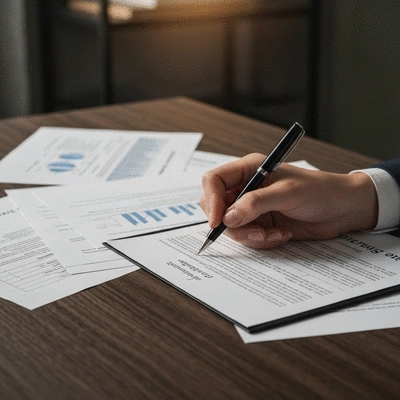 Close-up of a hand signing a mortgage document, with a pen and financial papers, no text, no words, no typography, no labels, clean image