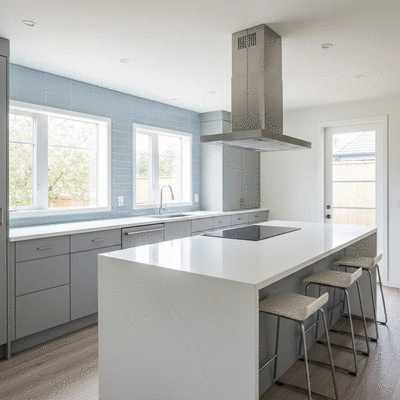 Modern kitchen renovation in a newly purchased home, clean and bright, no text, no words, no typography