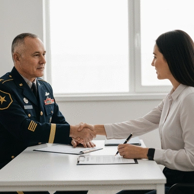 Veteran shaking hands with a loan officer, signing documents