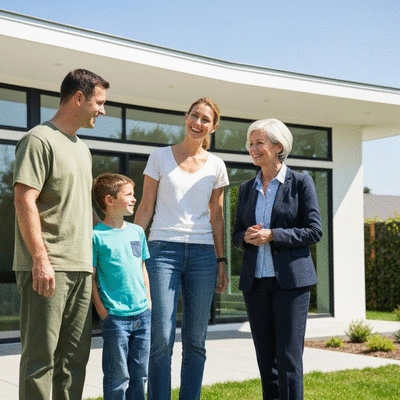 Military family looking at a house with a real estate agent