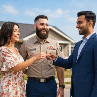 Happy couple receiving keys to new home with VA loan