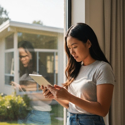 Homeowner reviewing USDA eligibility maps on a tablet, with a house in the background, no text, no words, no typography, clean image
