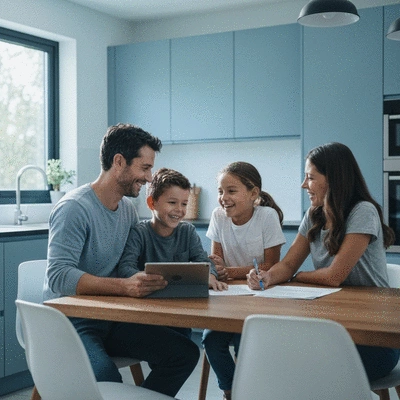 Military family reviewing VA loan documents at home