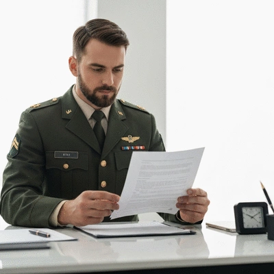 Military service member reviewing financial documents, no text, no words, no typography, clean image