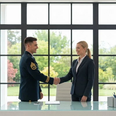 Military couple shaking hands with a loan officer, no text, no words, no typography, clean image