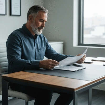 Veteran reviewing VA loan documents at a desk