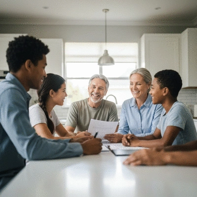 Military family discussing home loan documents with a financial advisor
