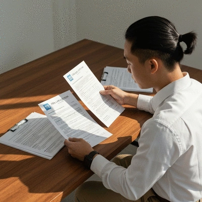Person reviewing FHA loan application documents and financial papers on a modern desk