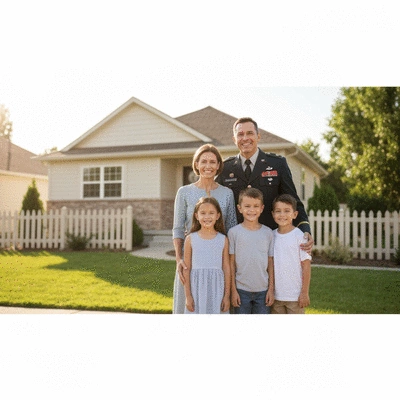Veteran family standing in front of their new home, smiling