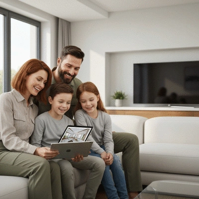 Military family happily reviewing house plans