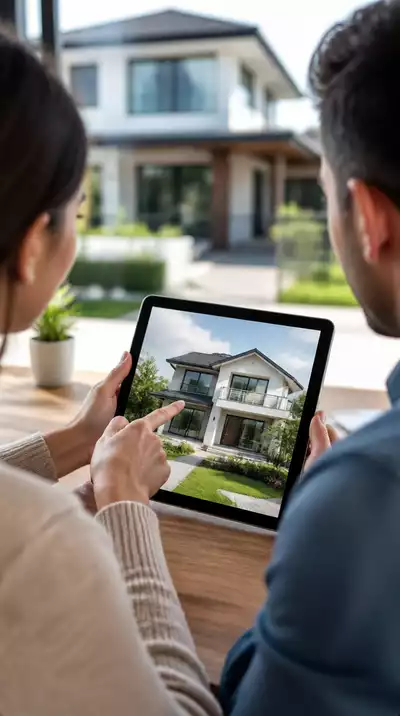 Couple reviewing home loan documents on a tablet with a house in the background