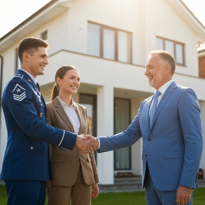 Military couple shaking hands with a real estate agent