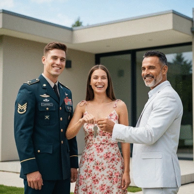 Happy military couple receiving keys to their new home